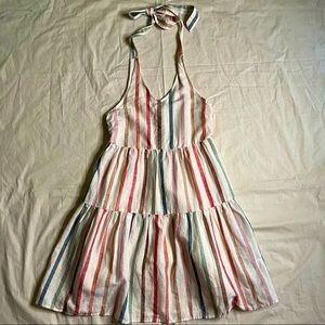 American Eagle Halter Tiered Dress with Rainbow Stripe Pattern Size S